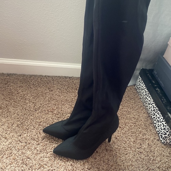 Black fabric, satin thigh, high boots, new never worn - Picture 2 of 5